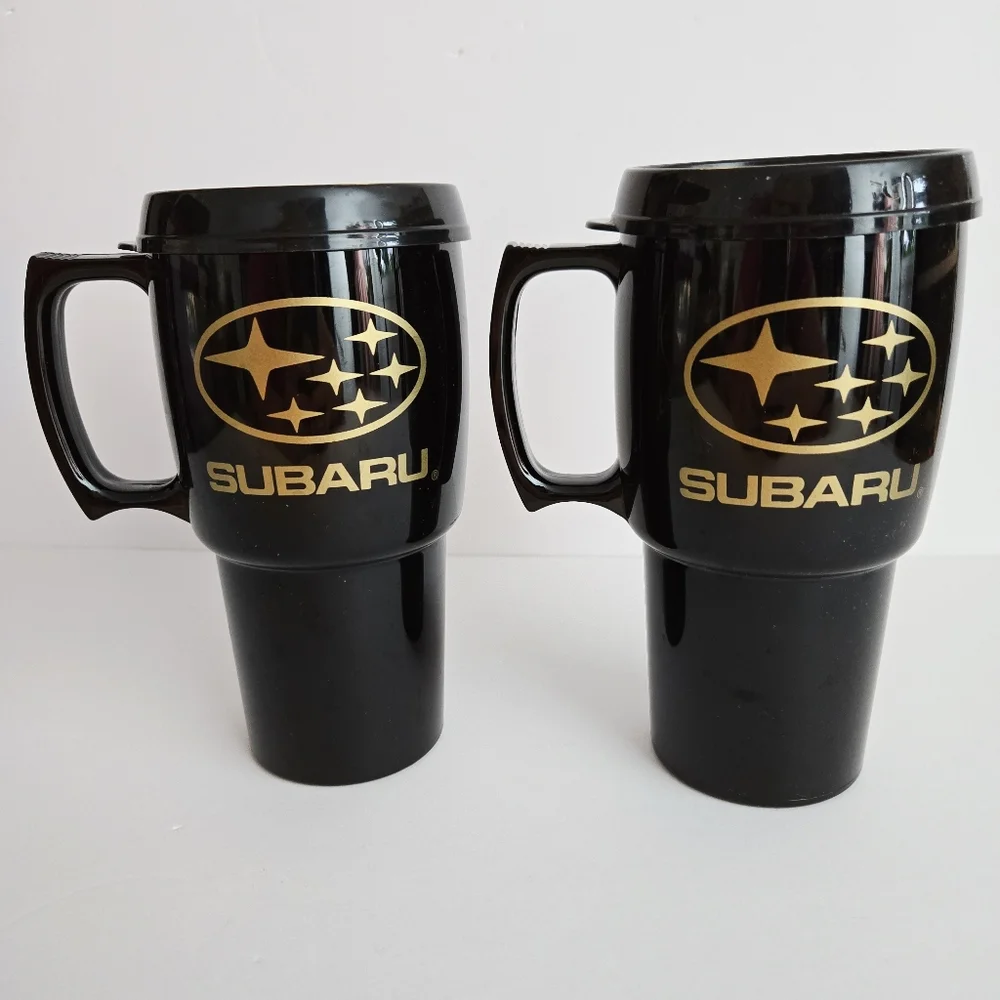 Subaru Car Travel Mugs Handles Plastic Sip Cups Lids Black Gold Collectibles